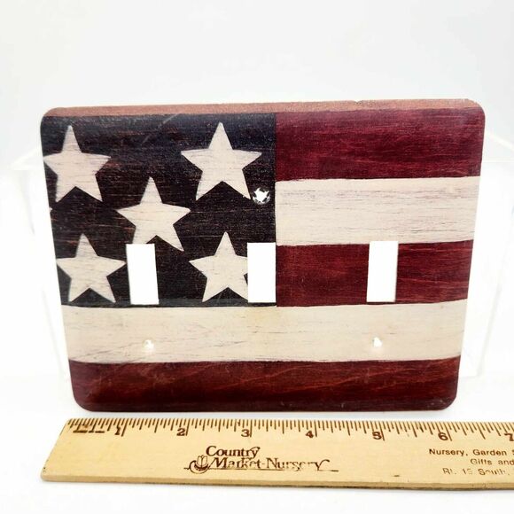 Set of 2 American Flag Patriotic Light Switch Plate Covers Primitive 3 Gang - Picture 7 of 12